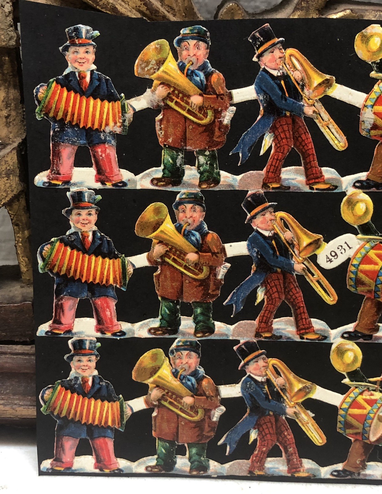 Band Boys & Girls in Dresses Die Cut Scraps Glued on Paper Double Sided L12