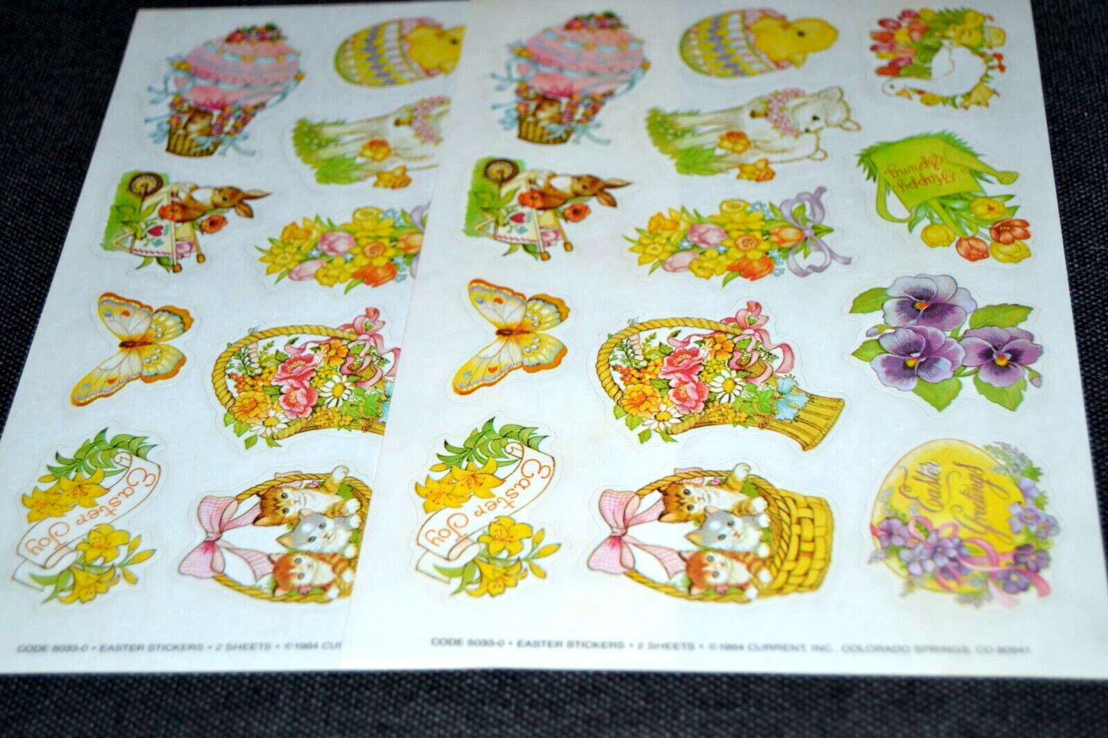EASTER KITTENS HOT AIR BALLOON Holiday Vtg 80’s Stickers Current, Inc 2 Sheets