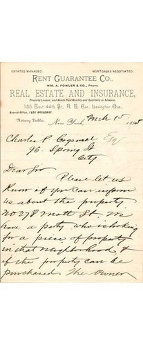 1895 NYC Rent Guarantee Co Letter Mott St Property Wm A Fowler Estate Inquiry