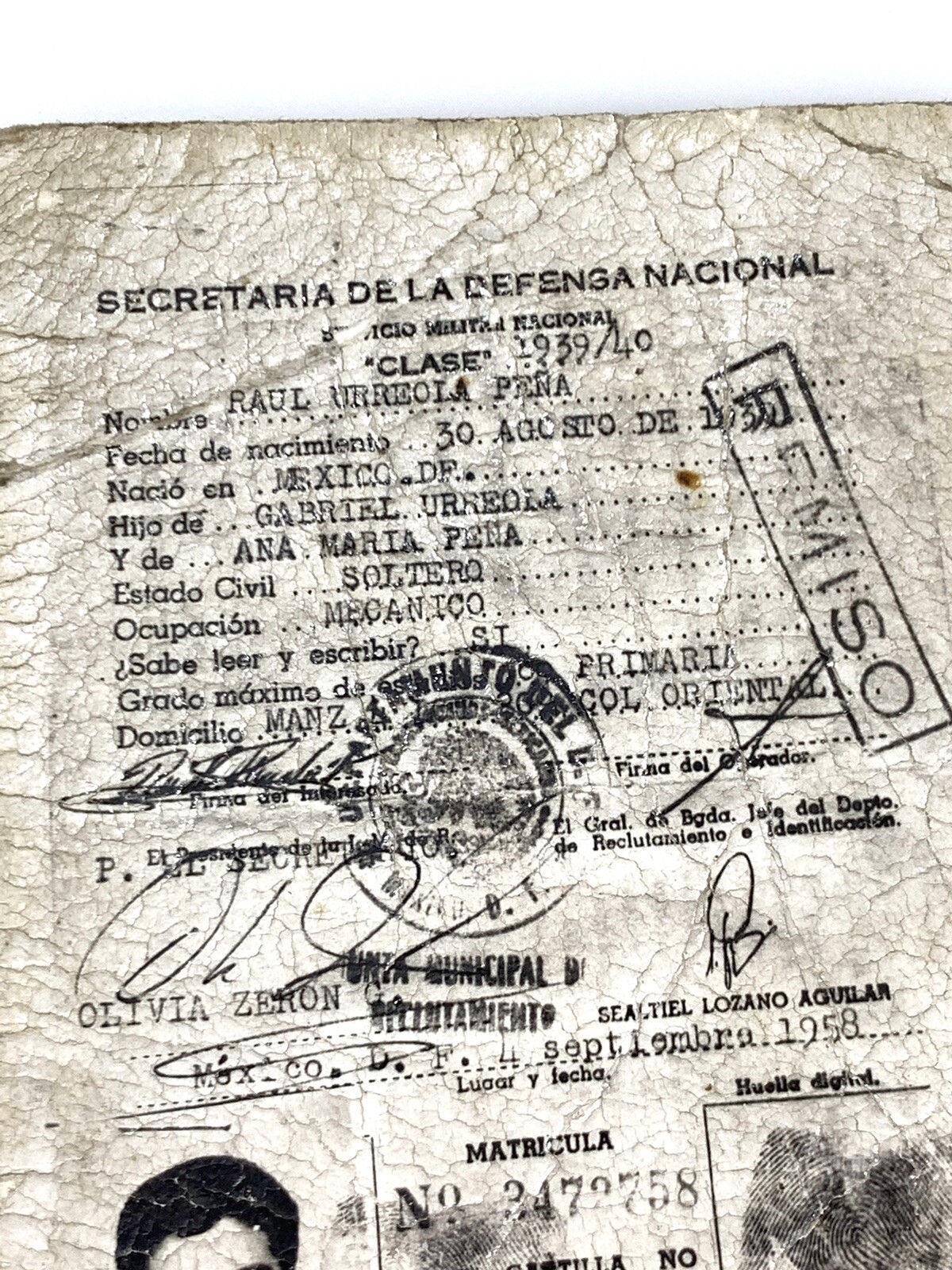 1958 Mexico Secretary Of Defense Military Mechanic Paper Photo I.D. Card