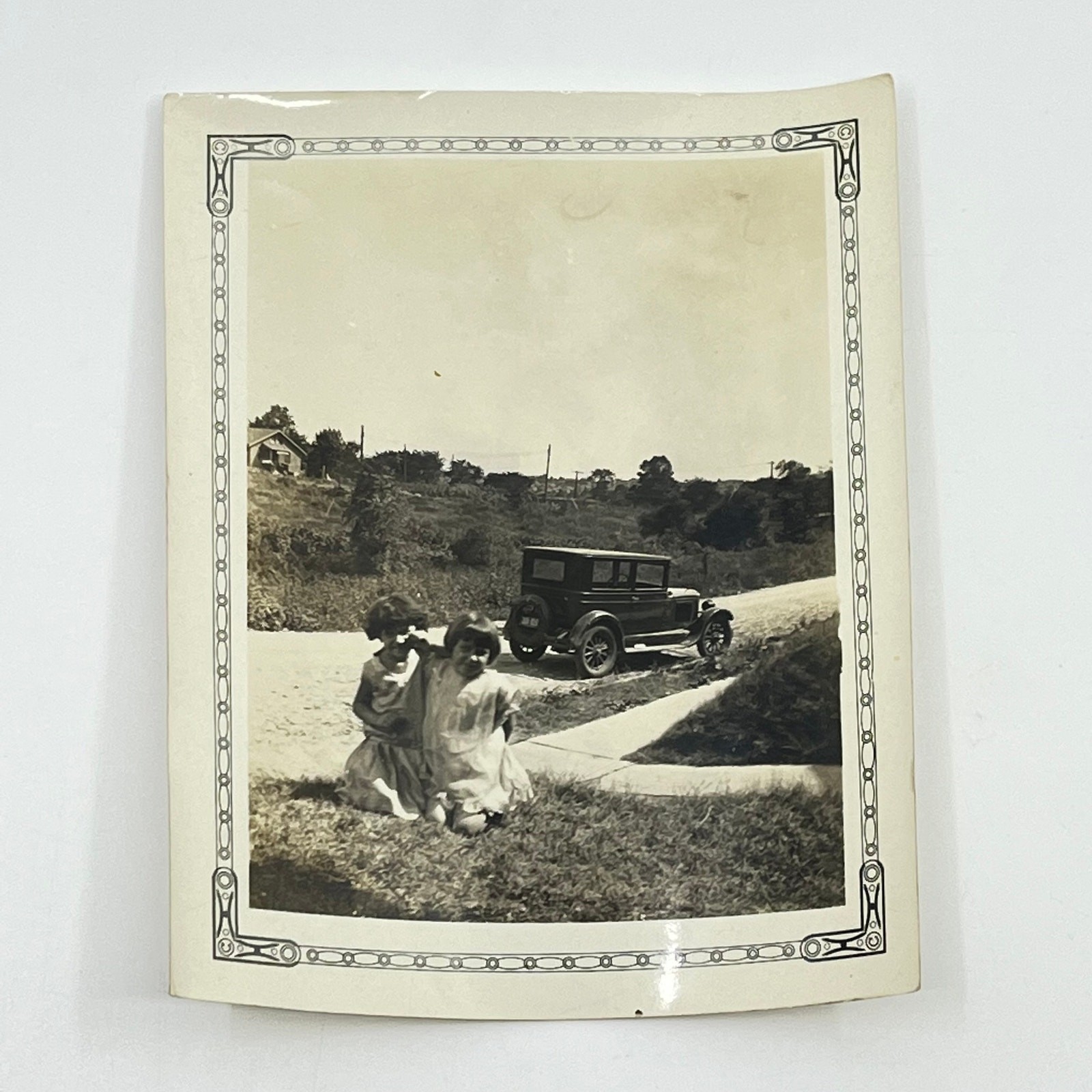 1930 Photograph Young Girls Posing in Front of Ford Model T Automobile 4×5” SC6