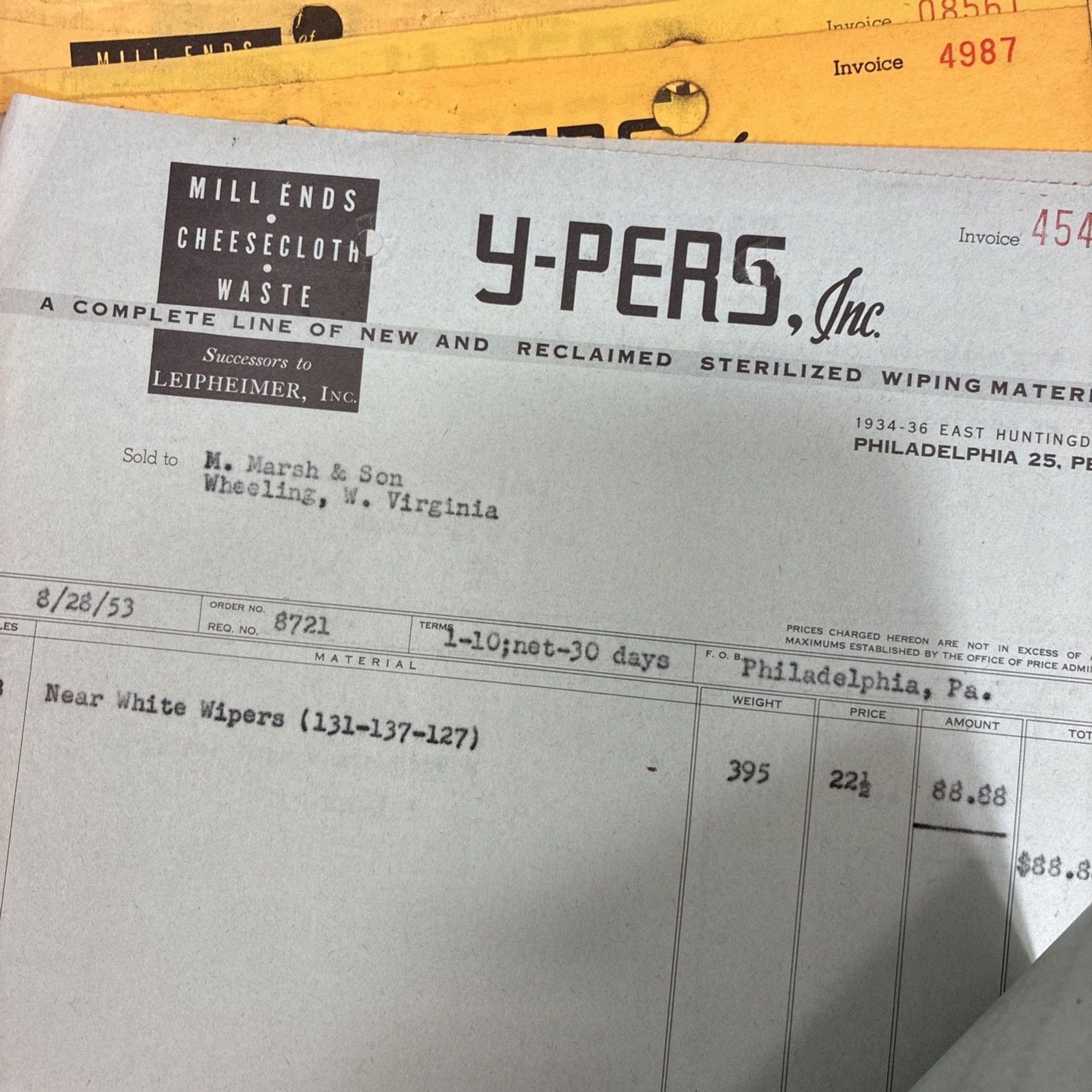 1950s 1960s Y PERS Industrial Invoice Lot Philadelphia PA Wheeling WV Cigar