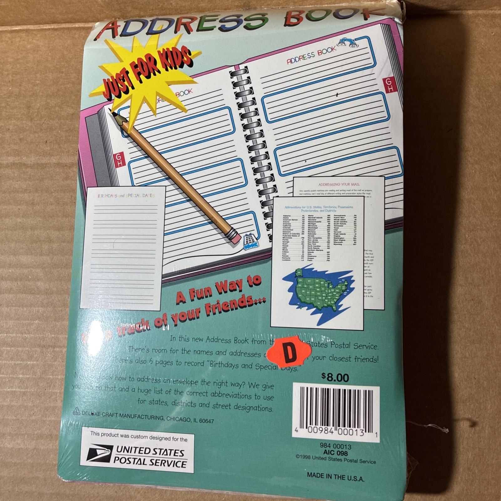 USPS United States Postal Service 1998 Children’s Address Book NEW