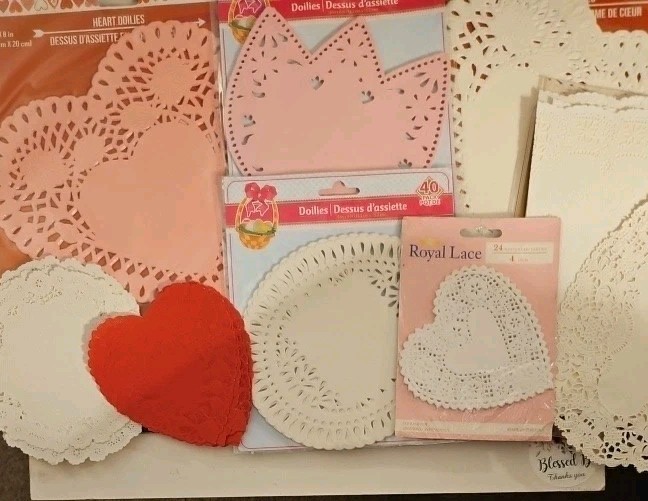 182 Paper Doilies, White, Pink, Red. Hearts, Circles, Tulips, Ovals, Rectangles