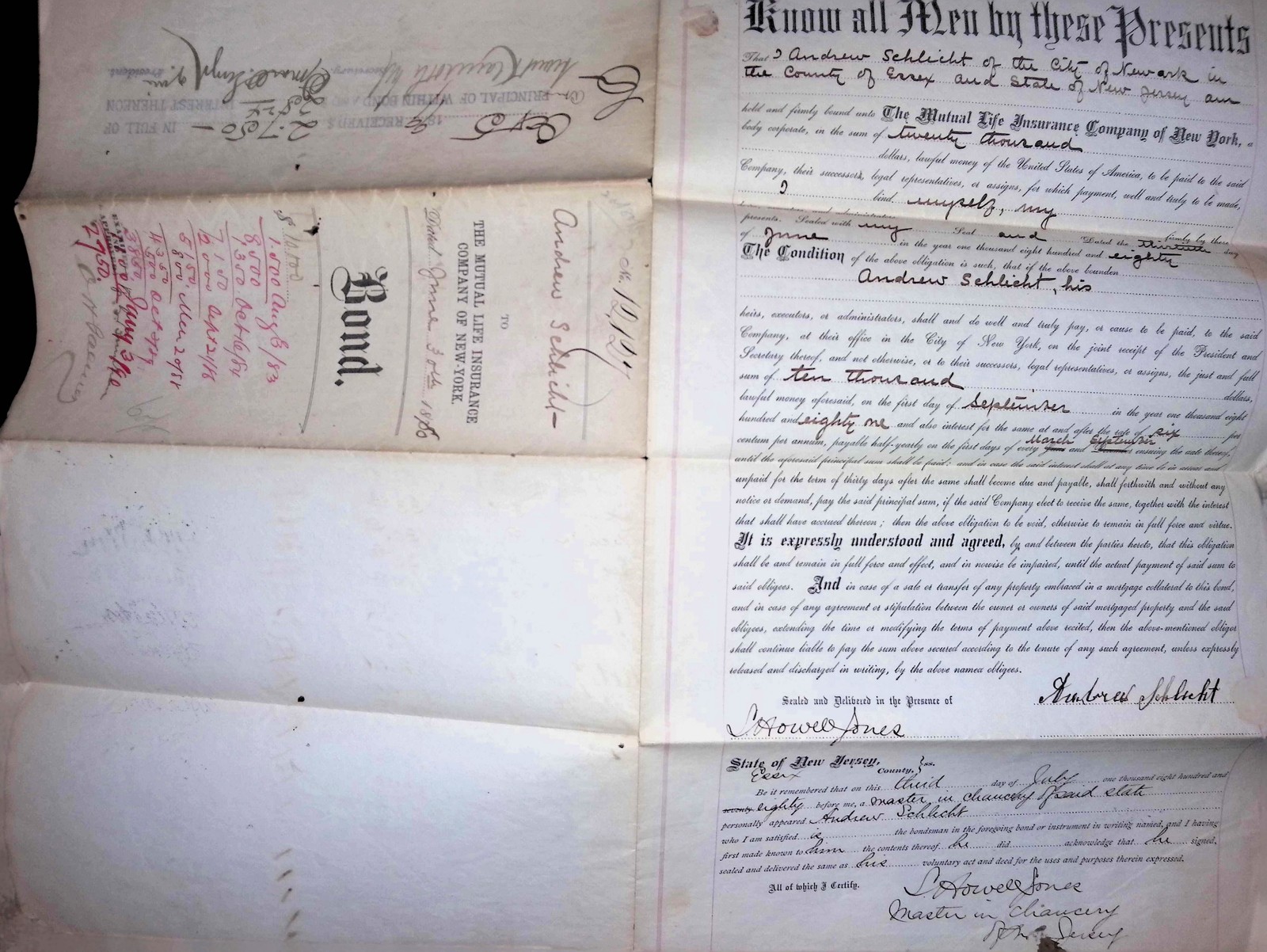 1870 Penn Mutual Life Insurance $200 Bond Certificate w/ Interest Ledger