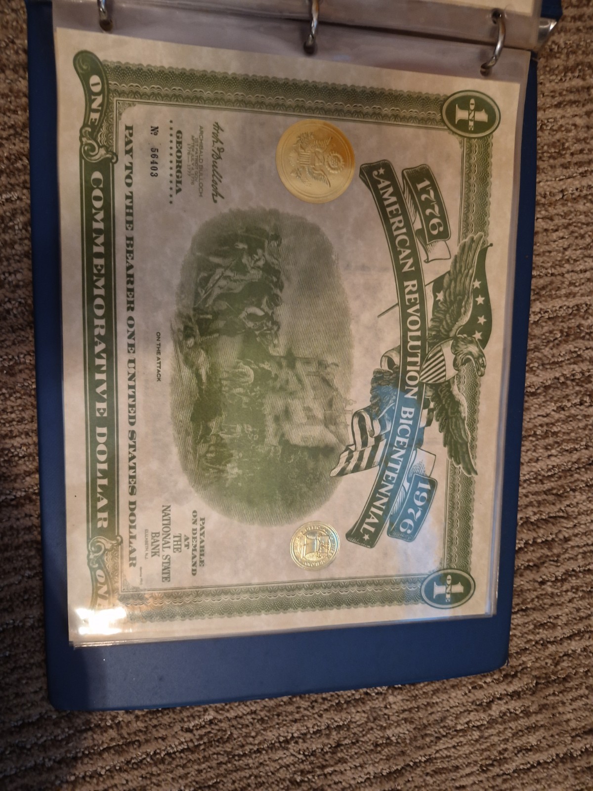 American Revolution Bicentennial Commemorative Dollar Certificate NY 1976