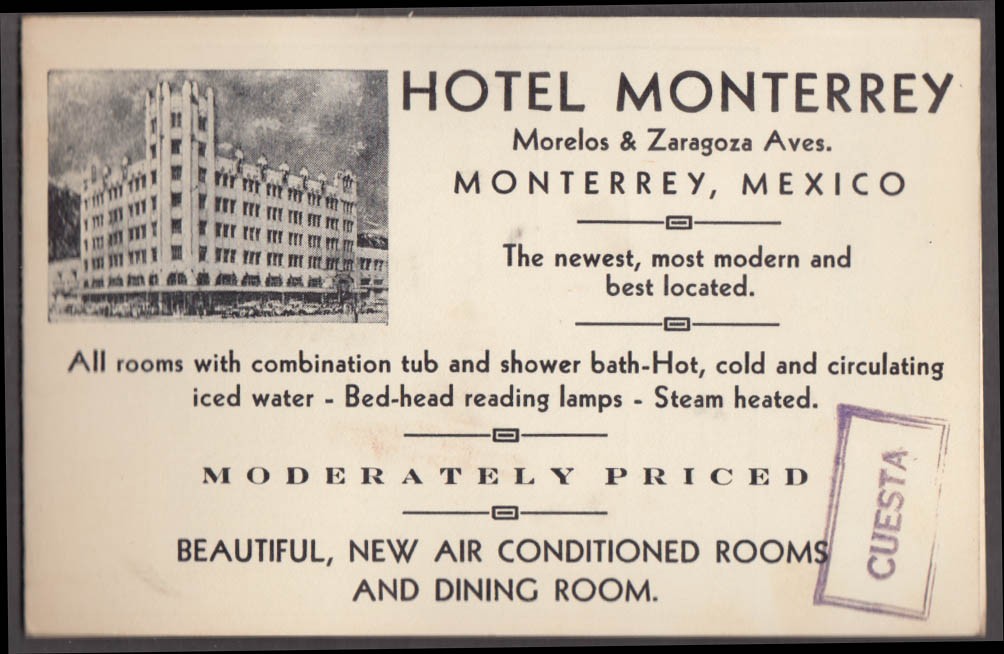 Hotel Monterrey Mexico map card Neuvo Laredo-Mexico City 1930s
