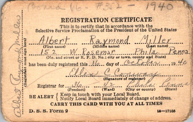 1940 Selective Service Registration Certificate Draft Card Philadelphia PA