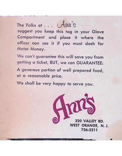Ann’s Clam Bar West Orange NJ Parking Card Advertisement ~1950s