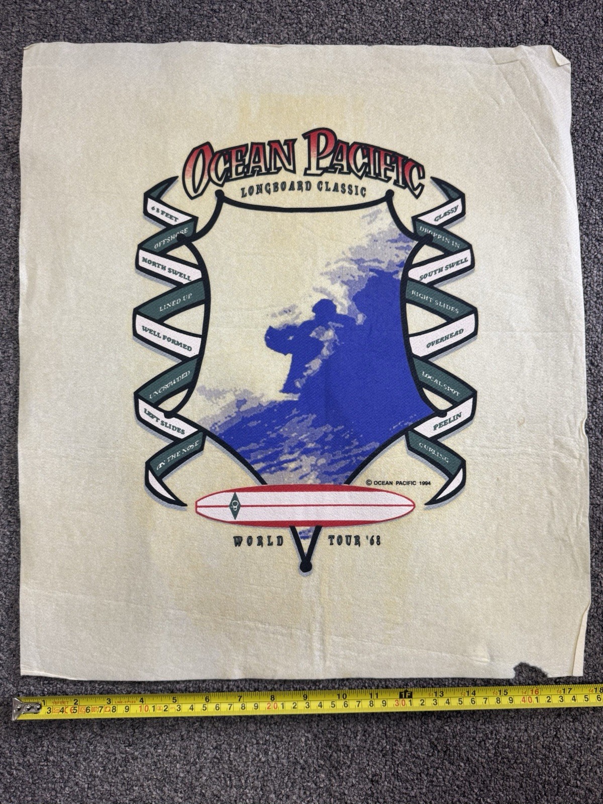 Vintage 1994 Ocean Pacific OP T-Shirt Test Print Longboard Classic Surf Graphic
