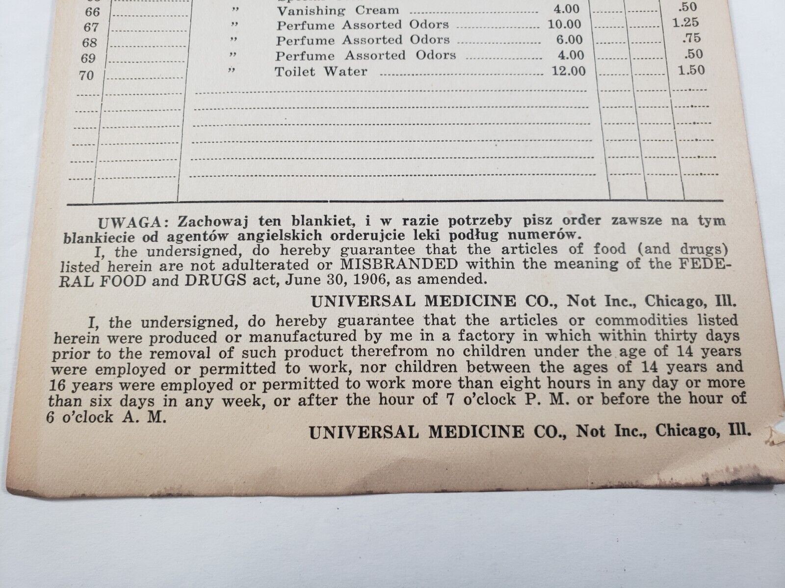 UNIVERSAL MEDICINE COMPANY Order Form Toiletries Chicago Vtg Early 1900 Ephemera