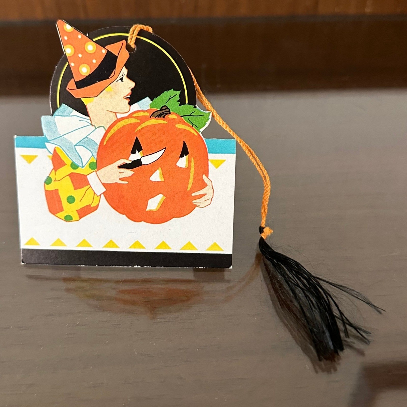 Antique Halloween Bridge Tally Card Clown Carving Pumpkin Tassel Art Deco