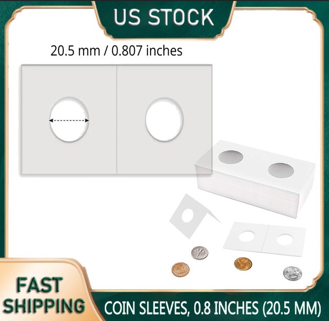 100PCS Cardboard Coin Holders 20.5mm 2″x2″ Storage Flips for Pennies & Dimes