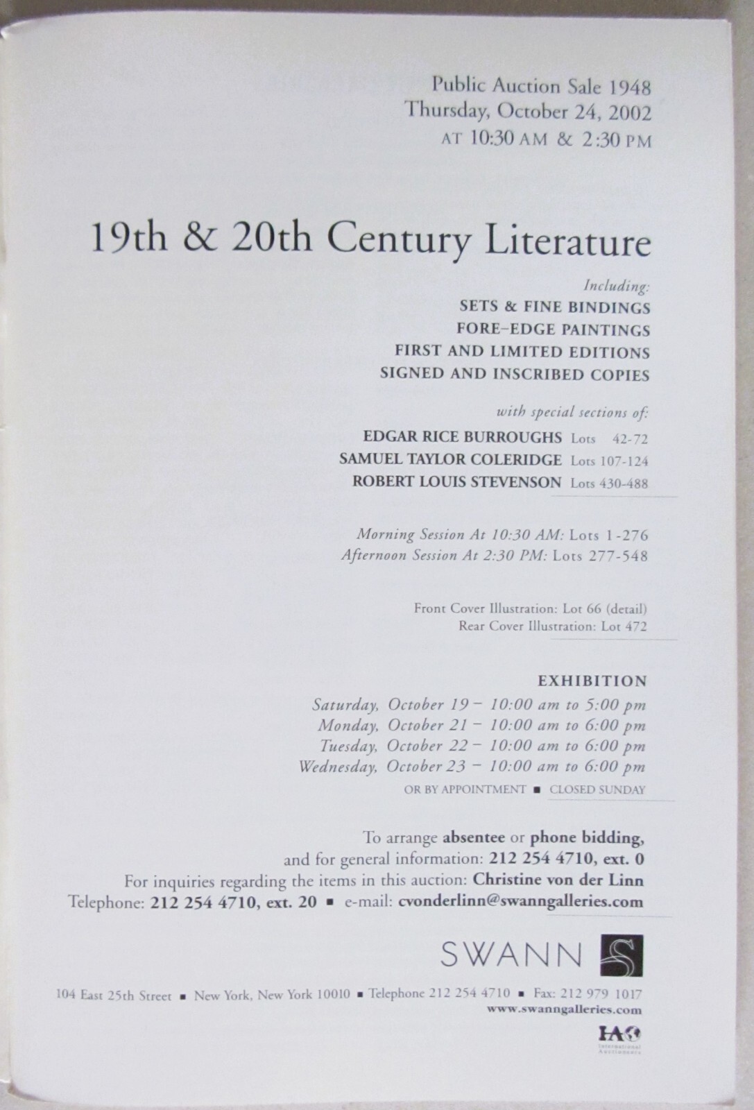 SWANN 19th/20th CENTURY LIT AUCTION CATALOG~9pgs EDGAR RICE BURROUGHS~TARZAN~’02