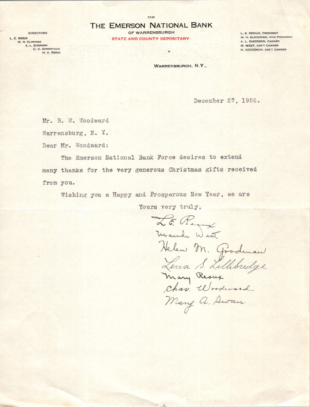 1926 Emerson Natl Bank Warrensburgh NY Typewritten Thank-You Letter