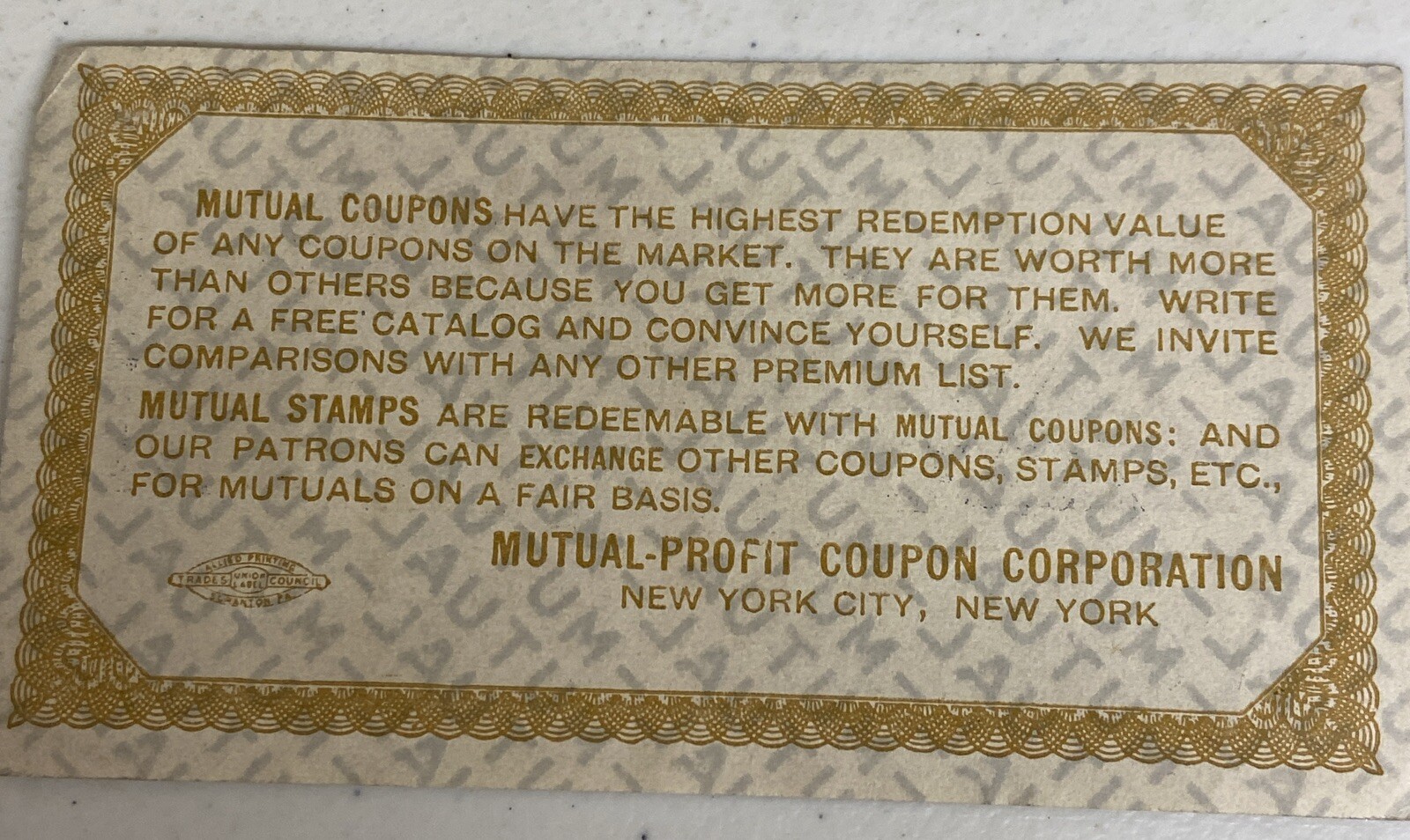 Mutual Profit Coupon Corporation New York City, NY 10 Coupons Cigar Store