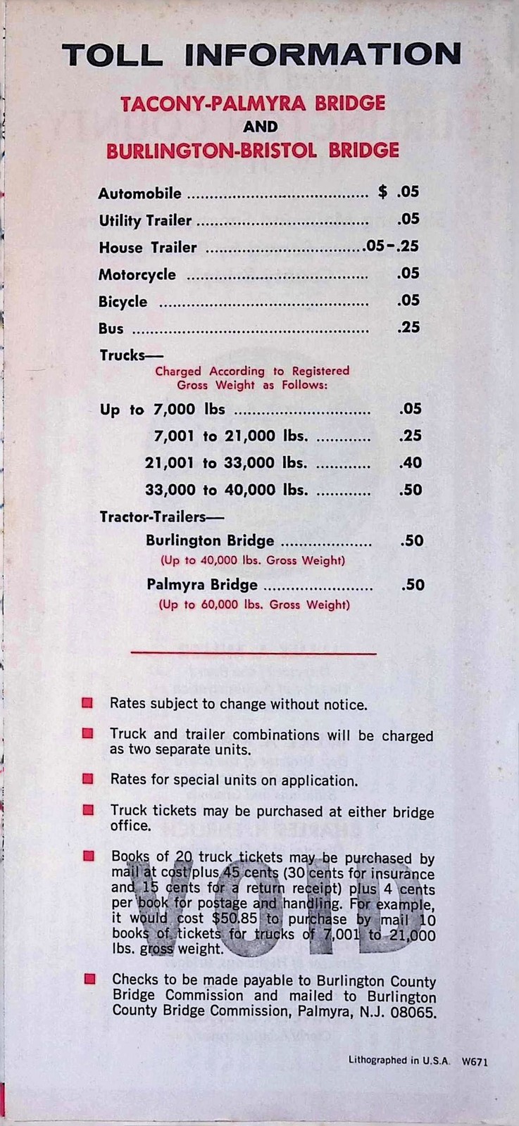 Burlington County Bridges Road Map c1950 Tacony-Palmyra Bristol NJ PA Toll