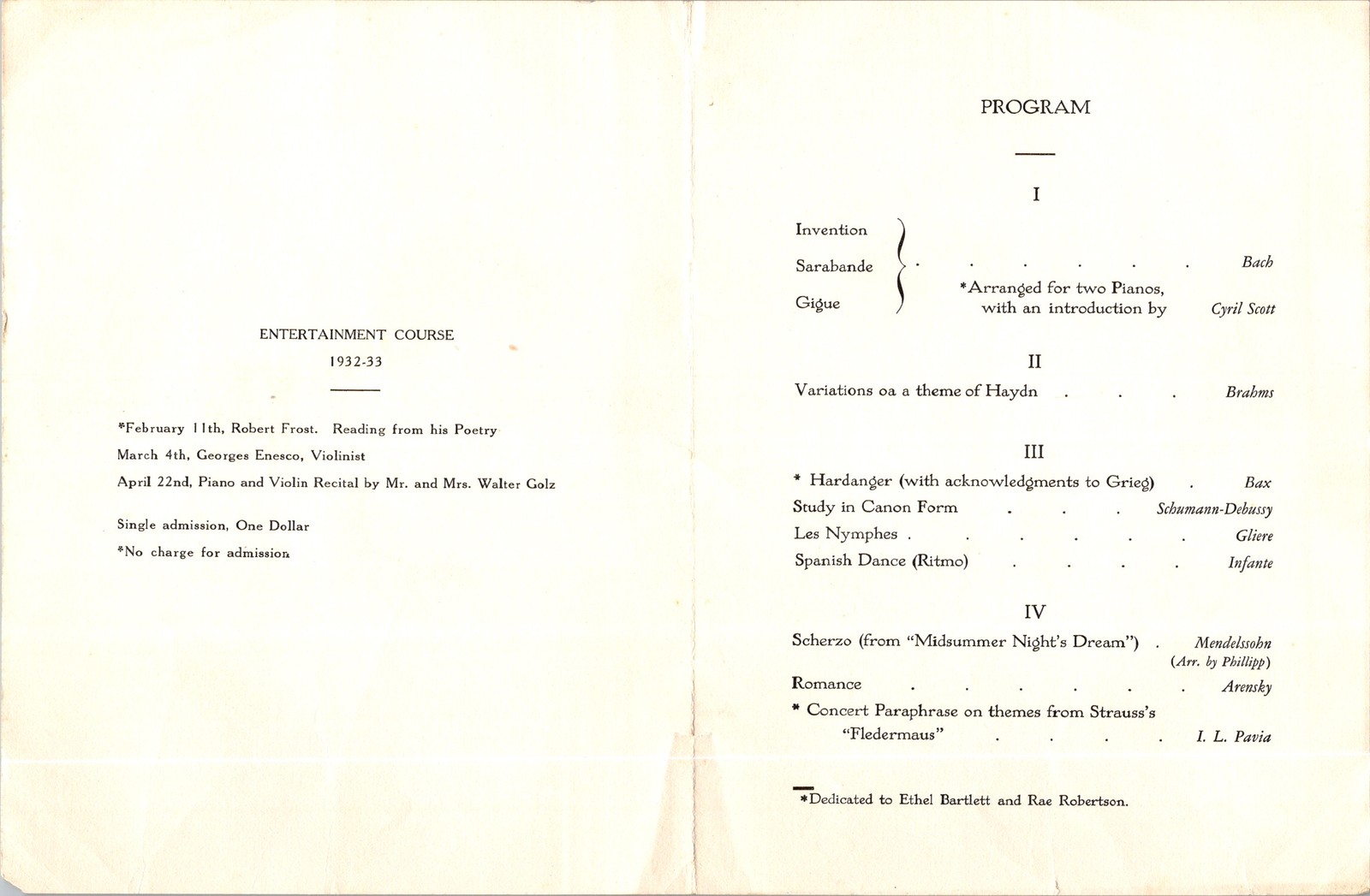 1933 Wilson College Bartlett-Robertson Two-Piano Program Thomson Hall Foxing