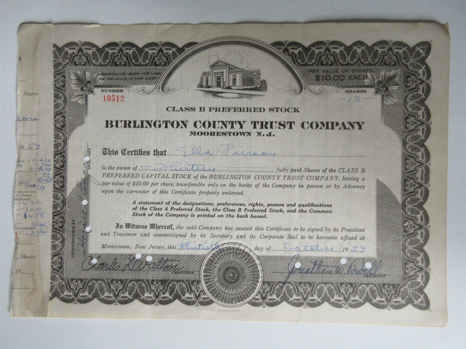 Burlington County Trust Company Stock Certificate Moorestown New Jersey 1953