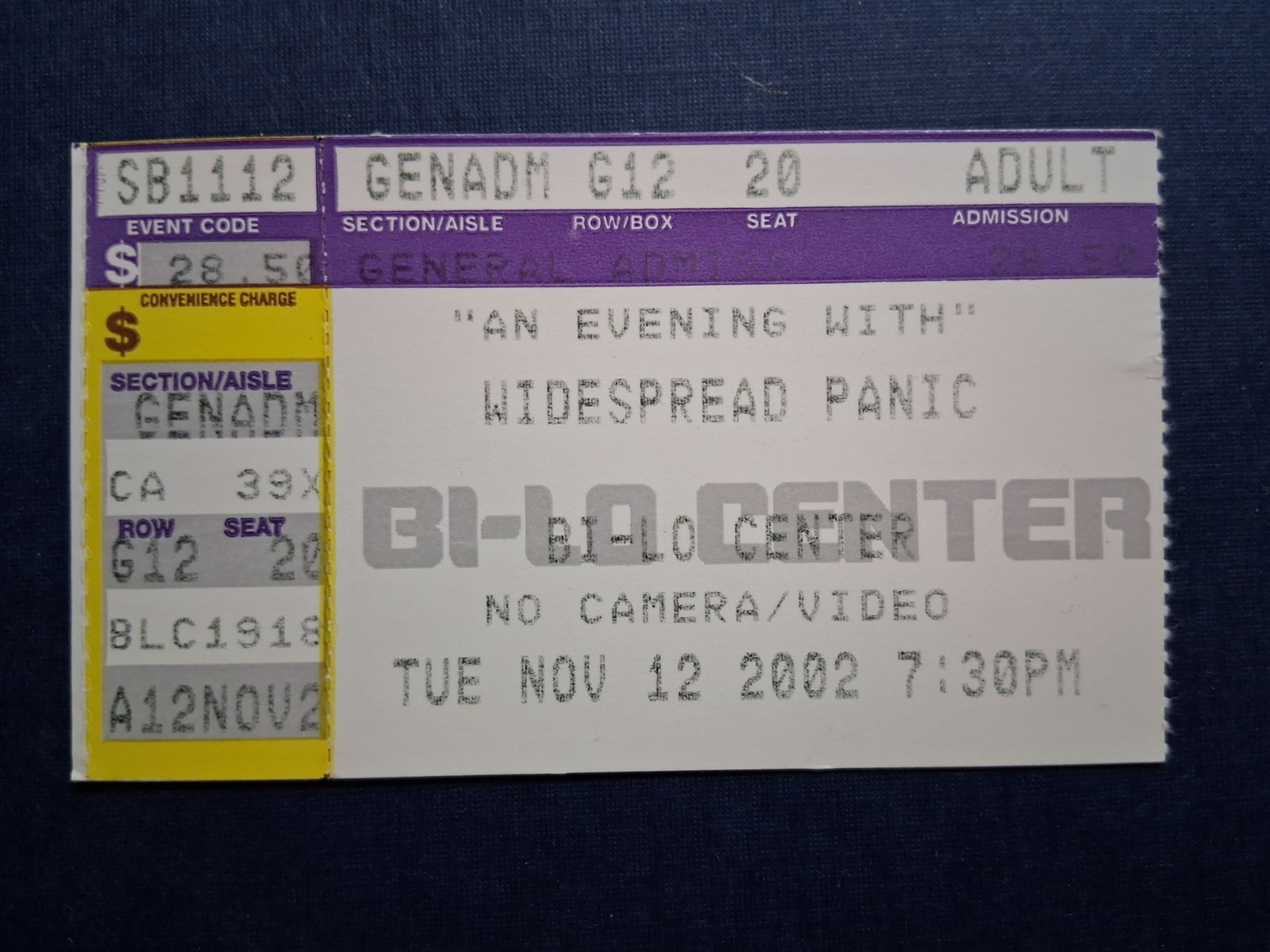 11/12/ 2002 Widespread Panic Concert Ticket Stub Bilo Center Greenville SC