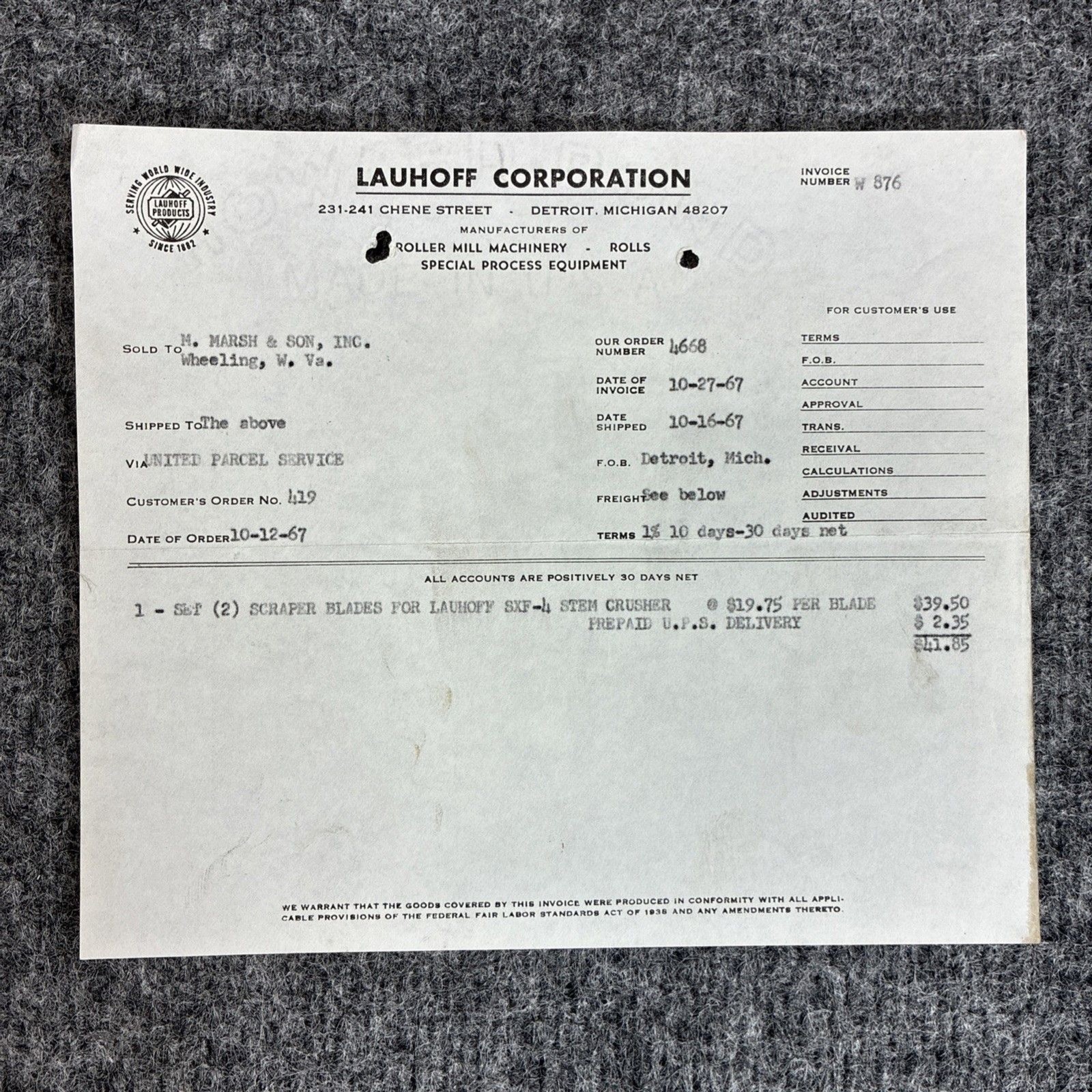 1967 Lauhoff Corp Invoice SXF-4 Stem Crusher Blades to M Marsh Cigar Co WV