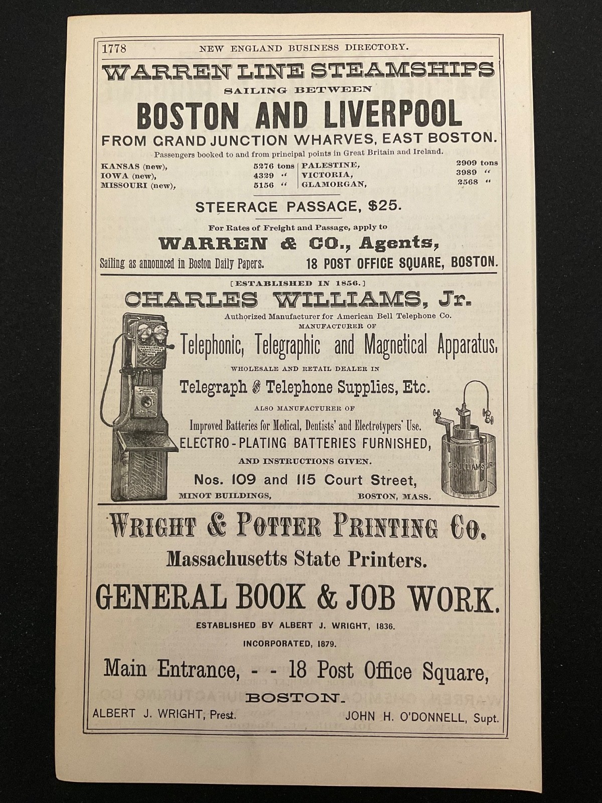 1883 Antique Ad Page Charles Williams Telegraph & Telephone, Warren Line Steamer