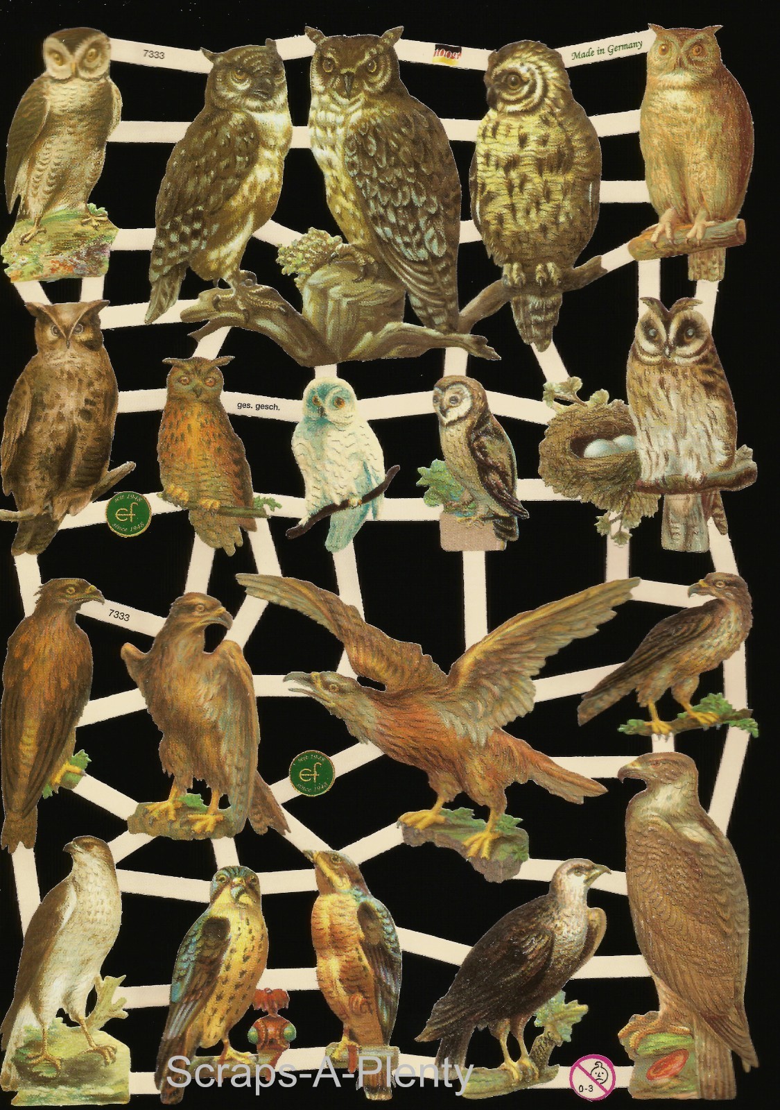 German Embossed Victorian Style Scrap Die Cut – Owls, Hawks, Birds WOW EF7333