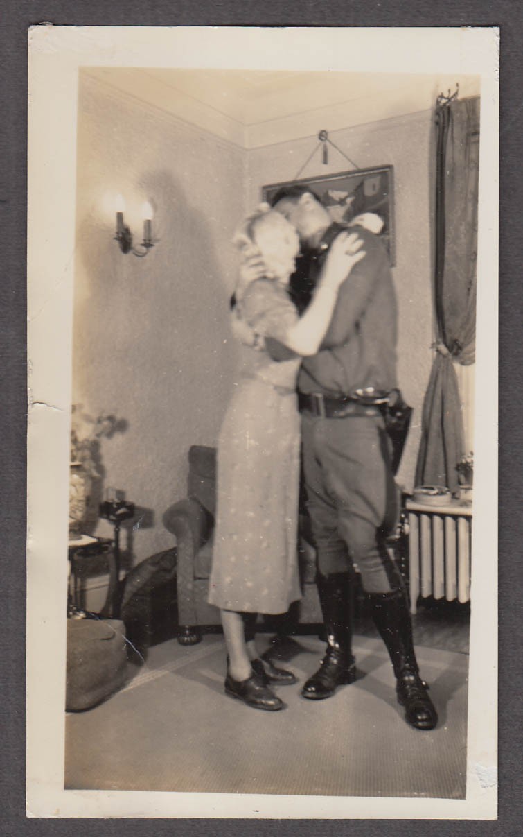 State Policeman kissing his blonde sweetheart vernacular snapshot ca 1940s