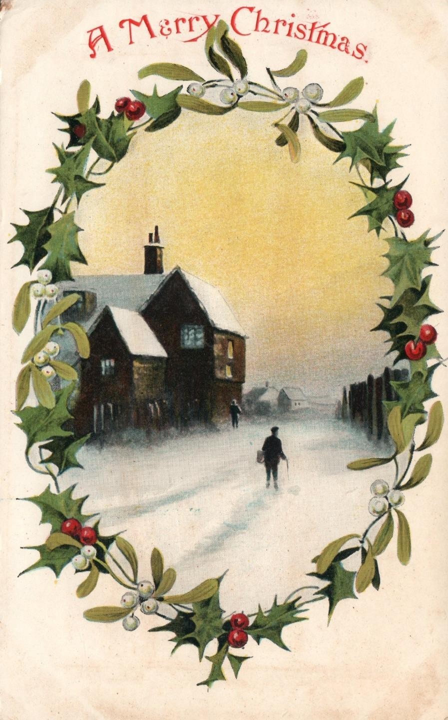 ANTIQUE Wildt & Kray Merry Christmas Snowy Winter Farmhouse Scene POSTCARD