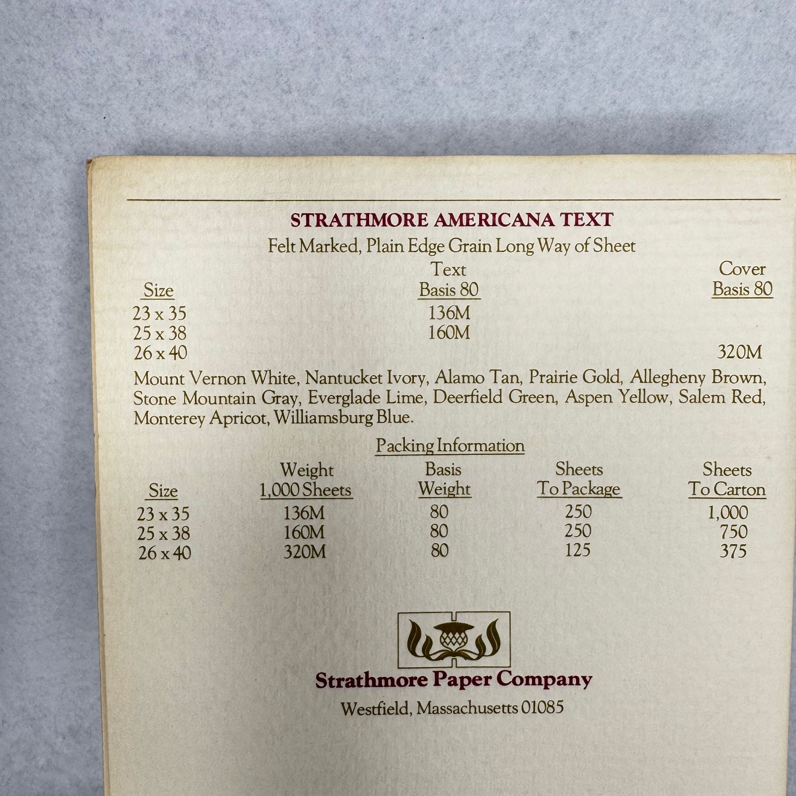 c.1974 Strathmore Americana Paper Swatch Book Felt-Marked Color Samples