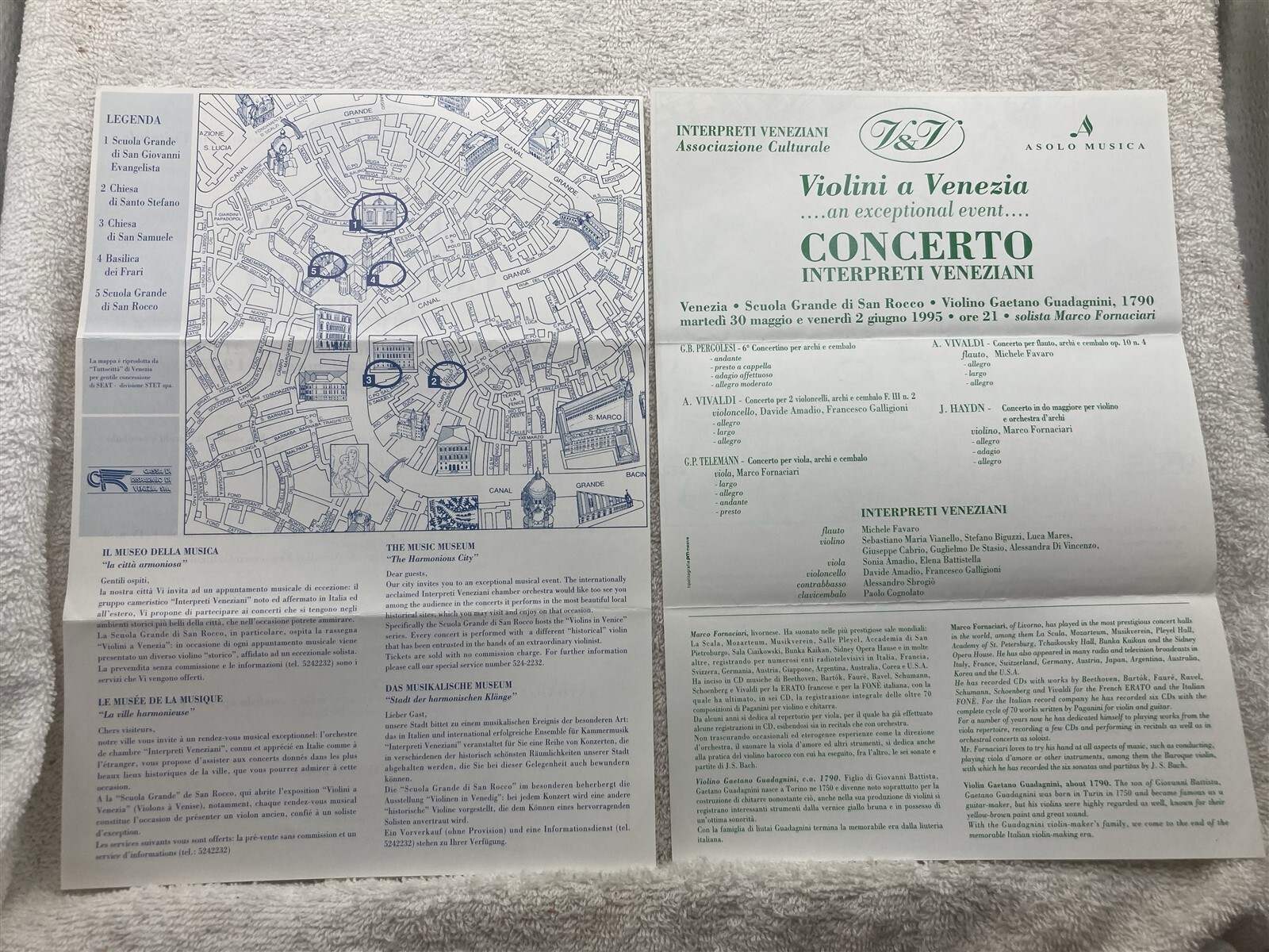 1995 Venice Italy Music Museum Violins Seuola Grande Di San Rocco Programs Vtg