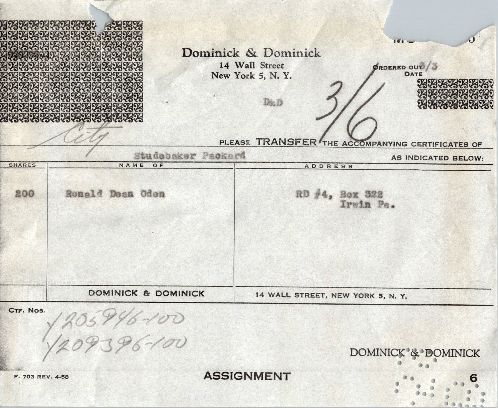 1956 Dominick & Dominick Stock Assignment Form Studebaker Packard 200 Shares