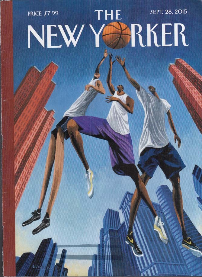 New Yorker cover 9/28 2015 Ulriksen: basketball players sky for city rebound