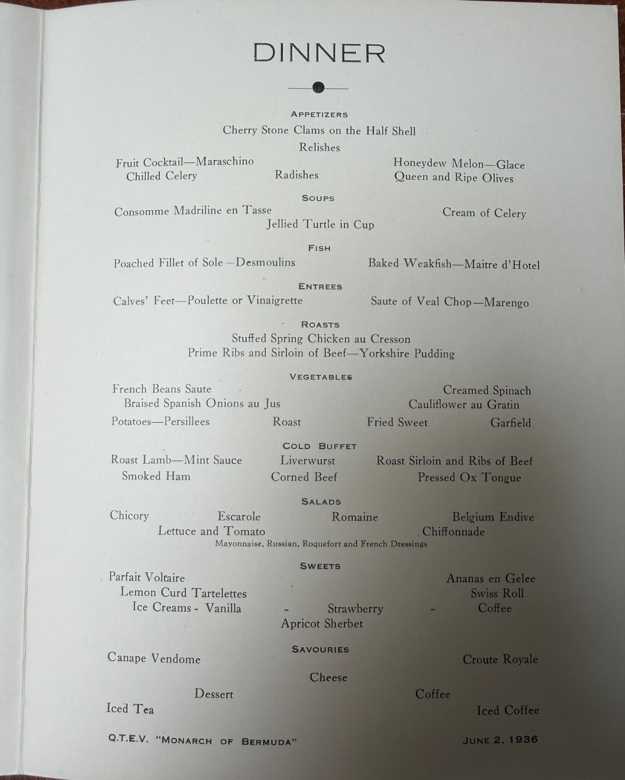 Vintage 1936 Furness Bermuda Cruise Line Menu Ocean Monarch Birds – Exc Cond.