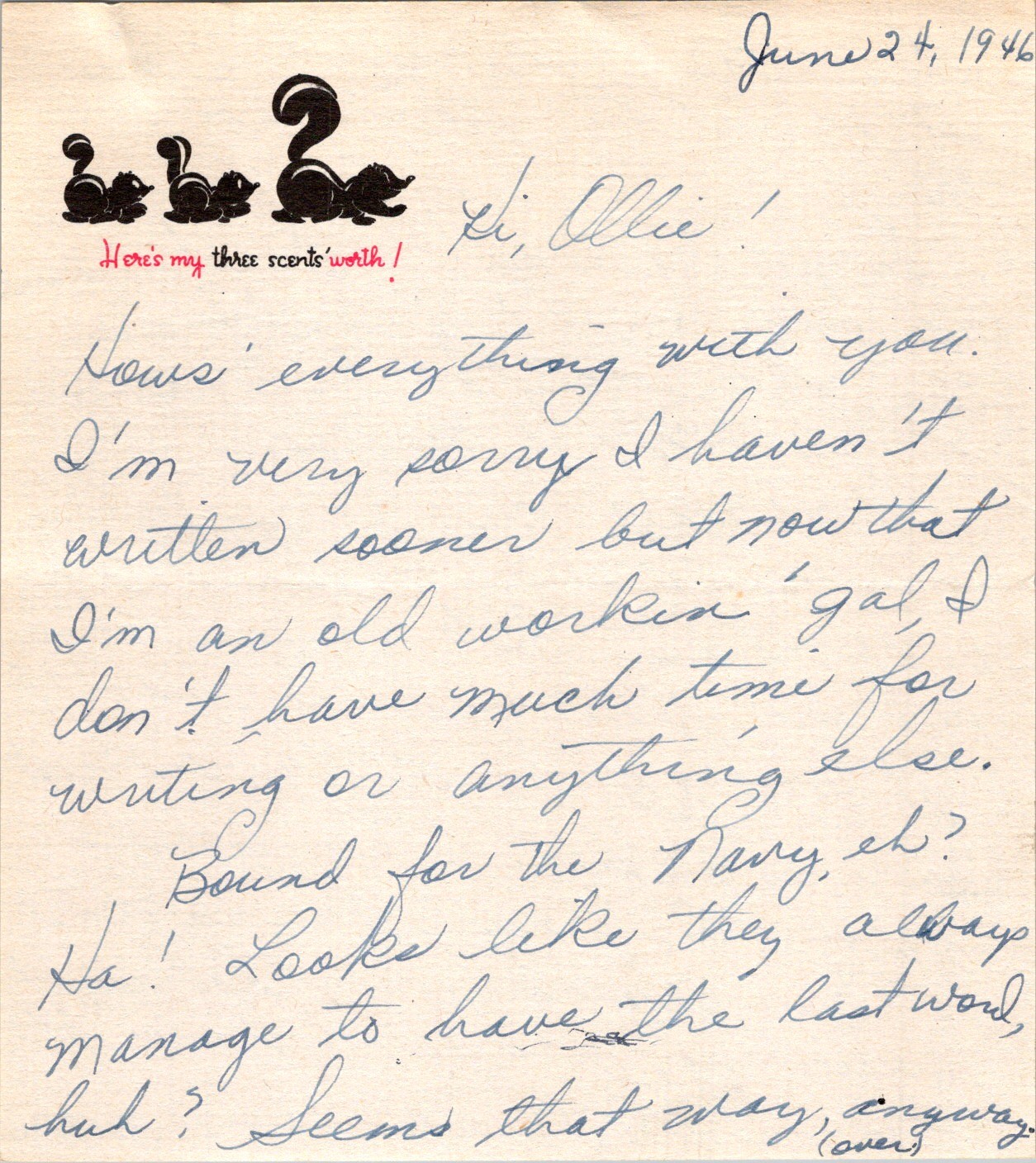 1946 Handwritten Letter Navy Vet Oliver Deane NATTC Memphis Skunk Letterhead