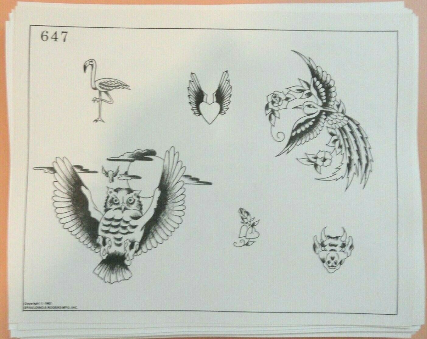Vintage 1982 Spaulding & Rogers Tattoo Flash Sheet #647 Owl Flamingo Bull