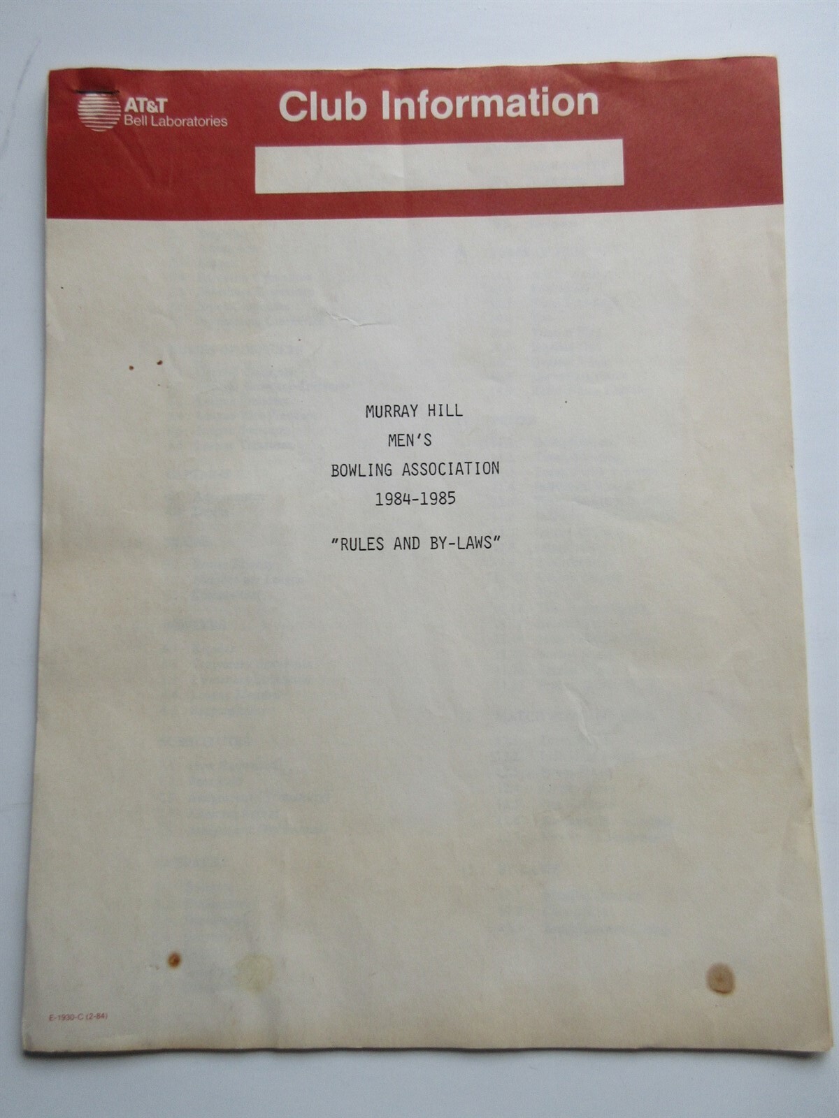 1984-85 AT&T Bell Laboratories Murray Hill Men’s Bowling Association Rules