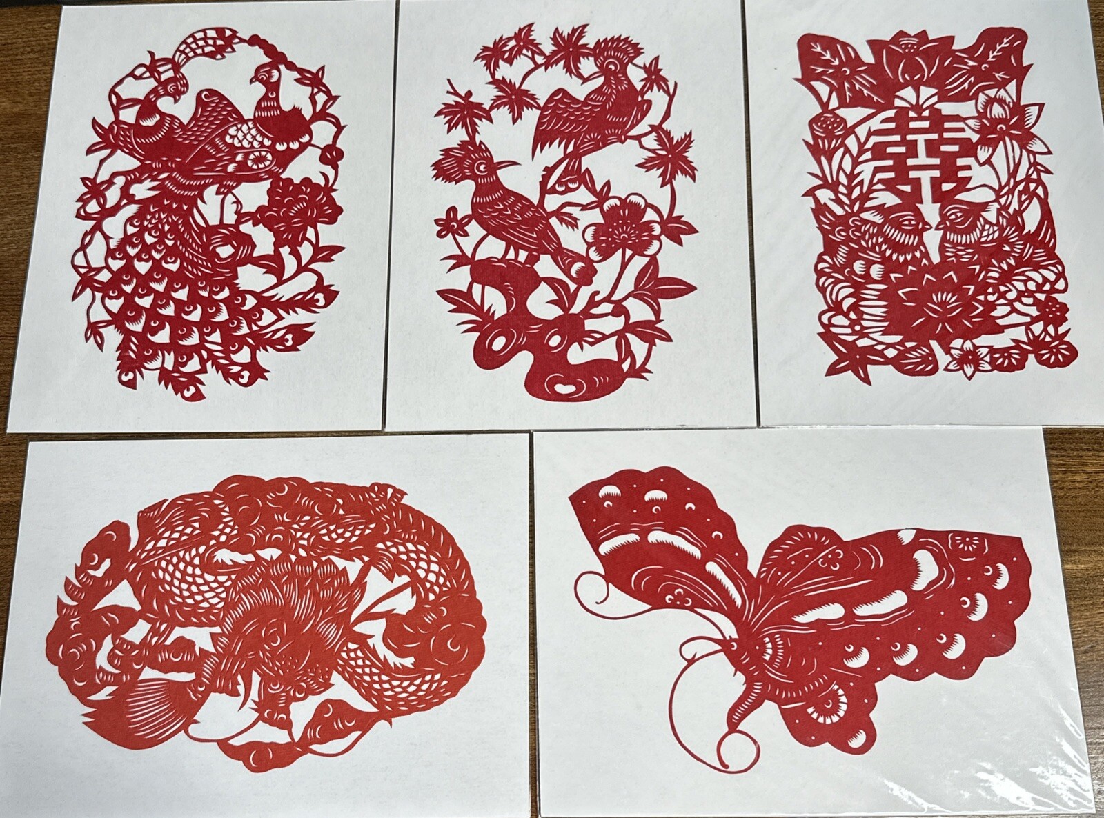 Chinese Paper Cuts Birds Butterfly Dragon Large Set 5 Red Single Pieces