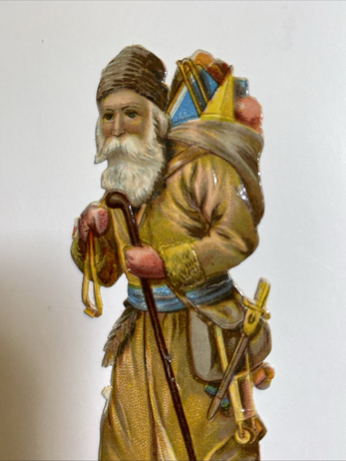 Santa Claus In Brown Coat Die Cut Scrap by Raphael Tuck & Sons 4-1/4 By 1-1/2”