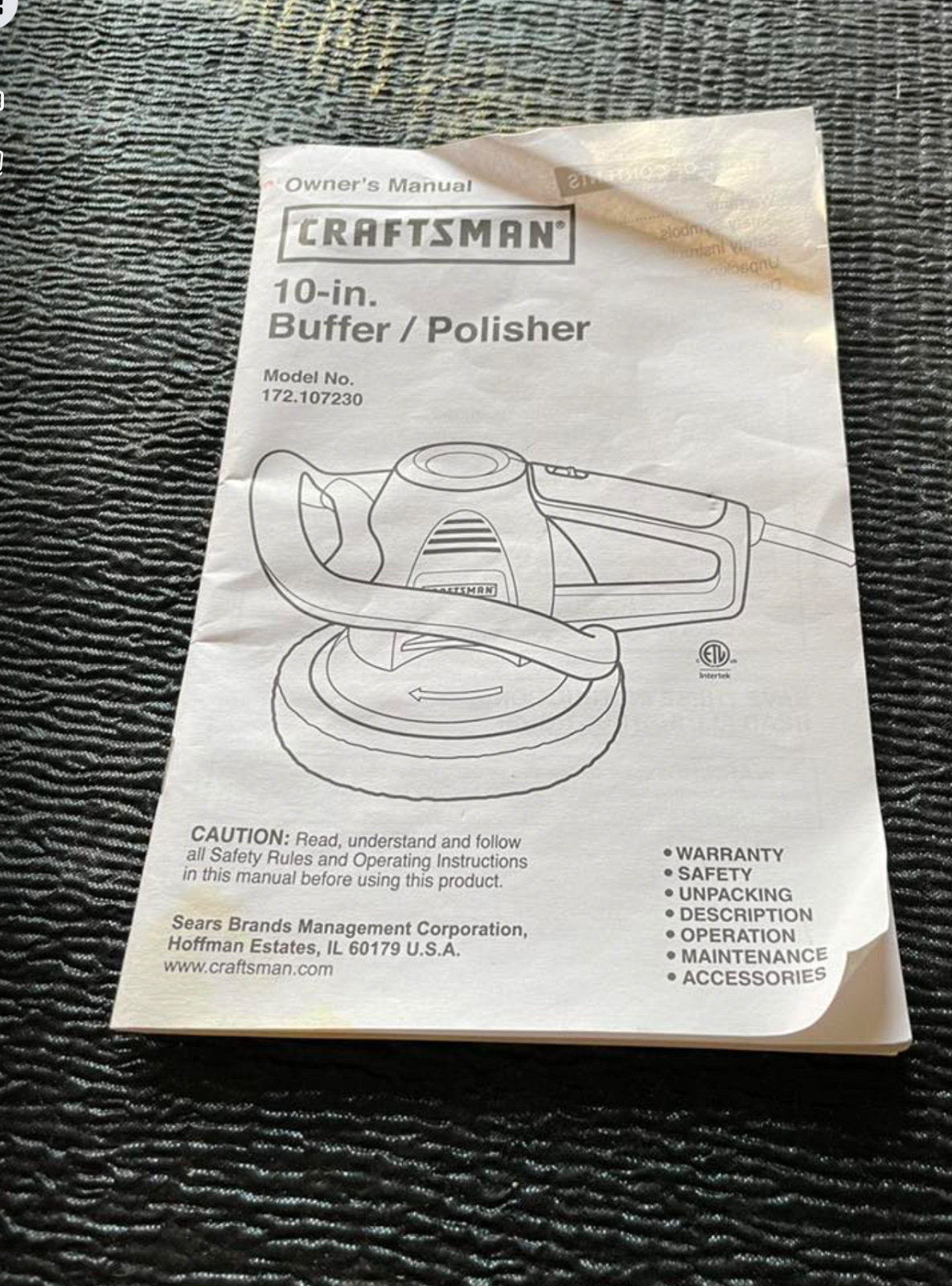 Instructions ONLY Craftsman 10 in. Buffer Polisher 172.107230 Owner Manual