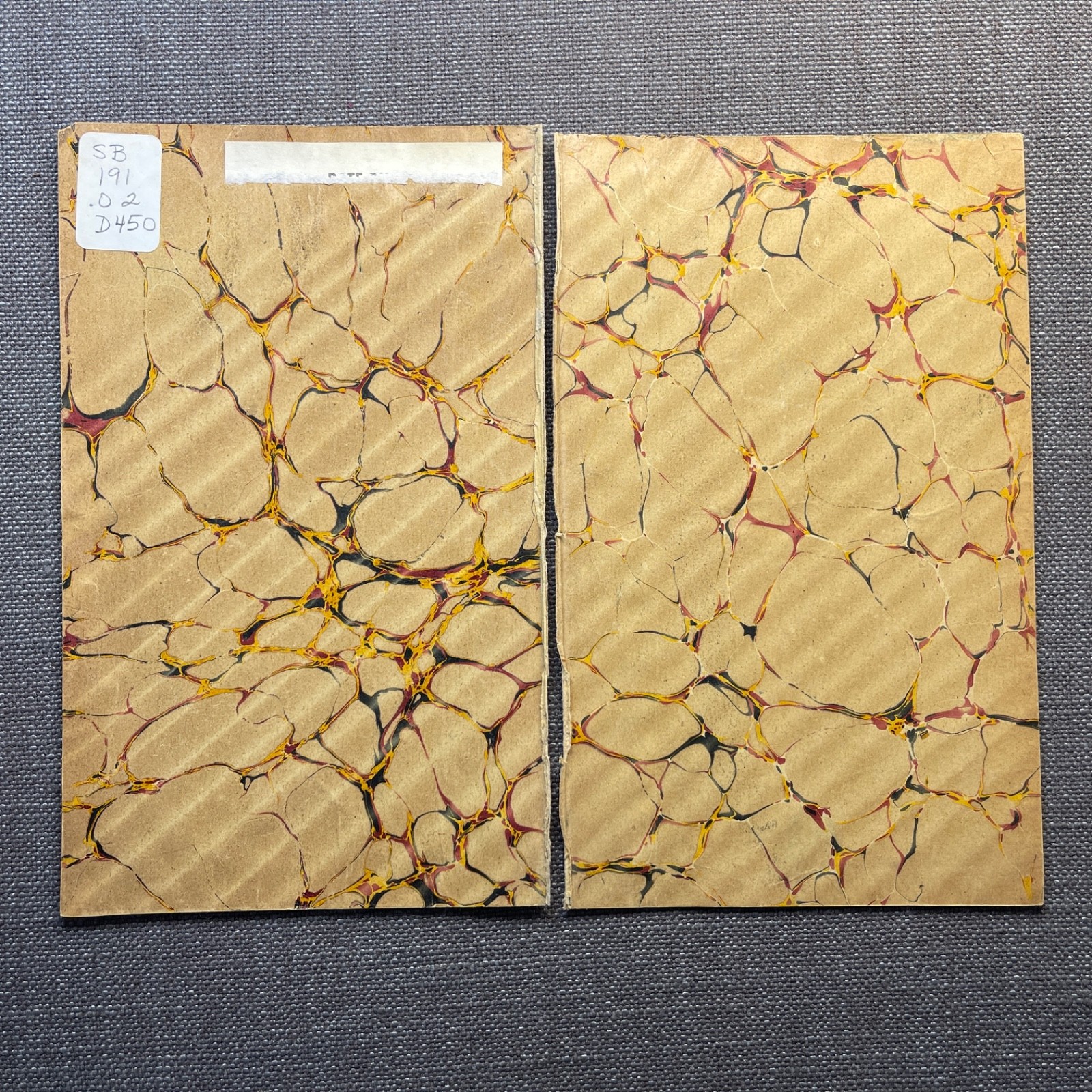 Antique Marbled End Papers Pair Bookbinding Brown Red Yellow