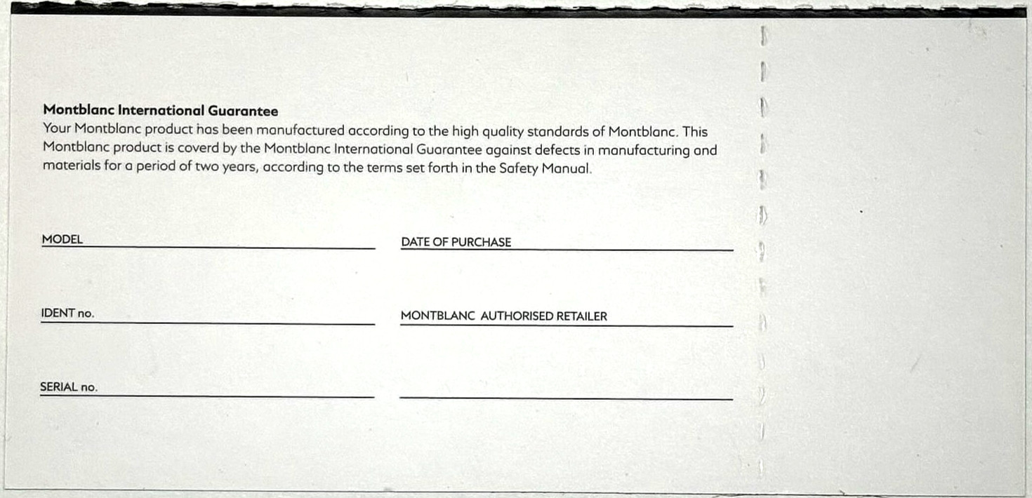 MontBlanc Swiss Watch Blank Certificate International 2-Year Warranty Guarantee