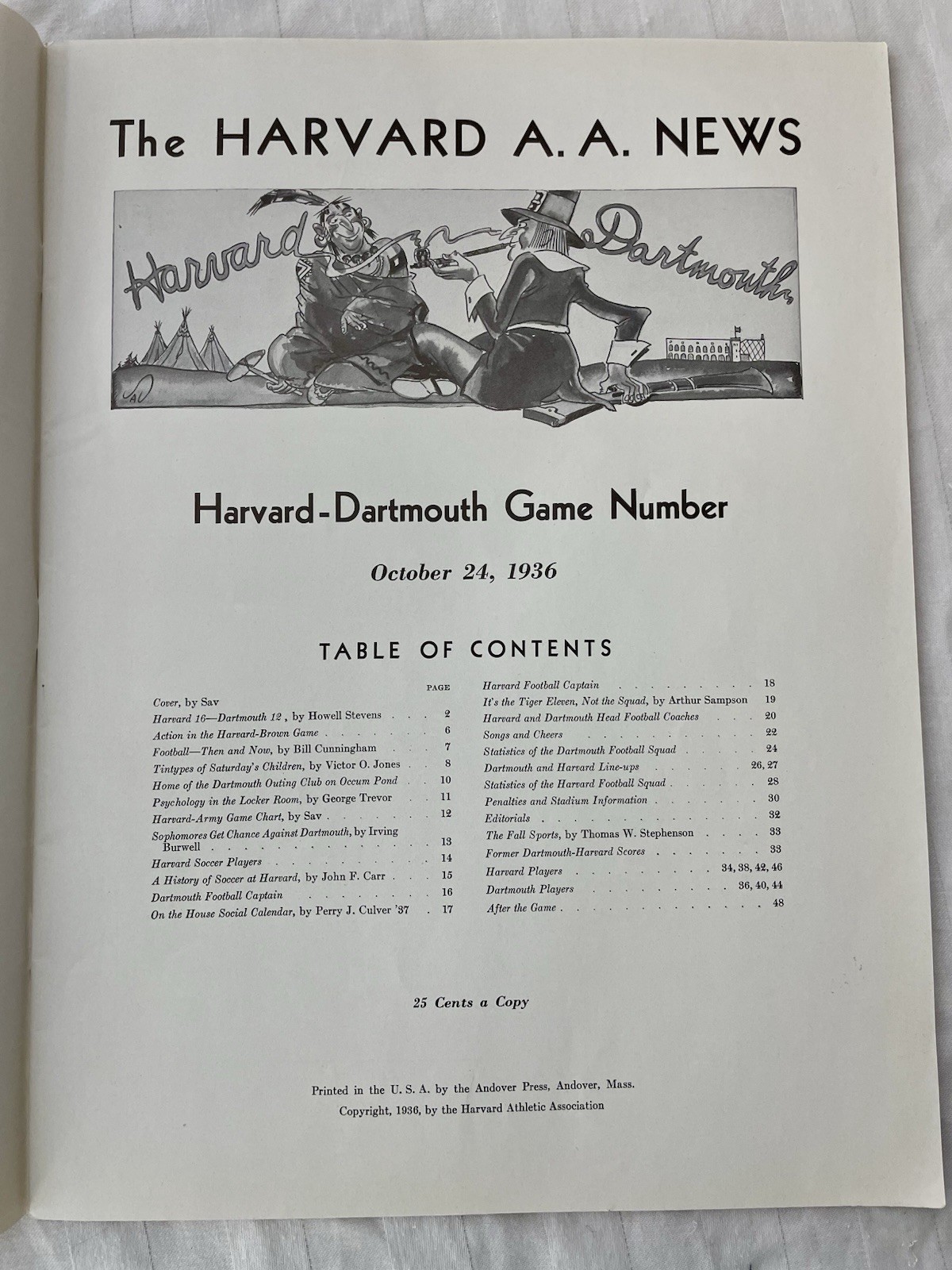 1936 FOOTBALL PROGRAM HARVARD CRIMSON Vs. DARTMOUTH INDIANS BIG GREEN IVY LEAGUE