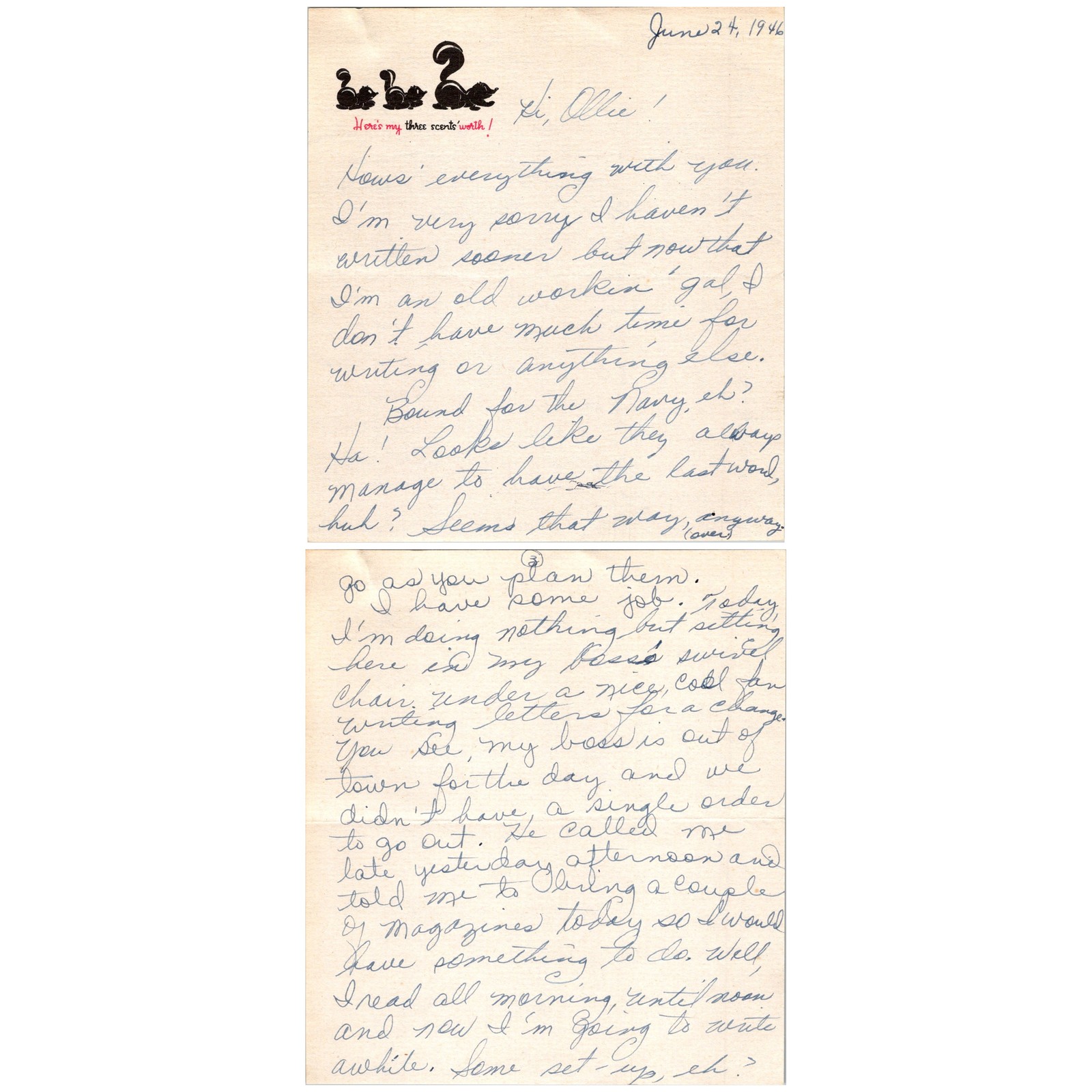 1946 Handwritten Letter Navy Vet Oliver Deane NATTC Memphis Skunk Letterhead