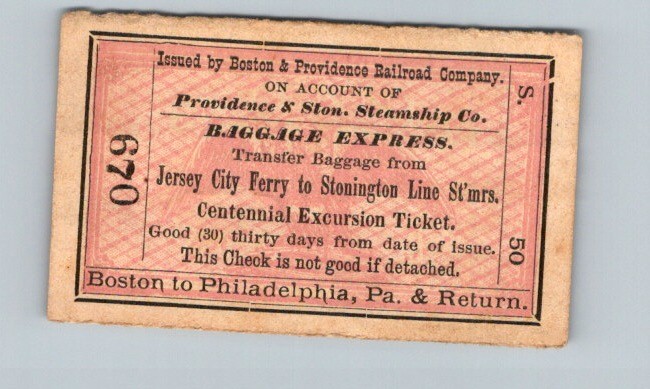 1875 Boston & Providence RR Centennial Baggage Ticket Jersey City to Stonington