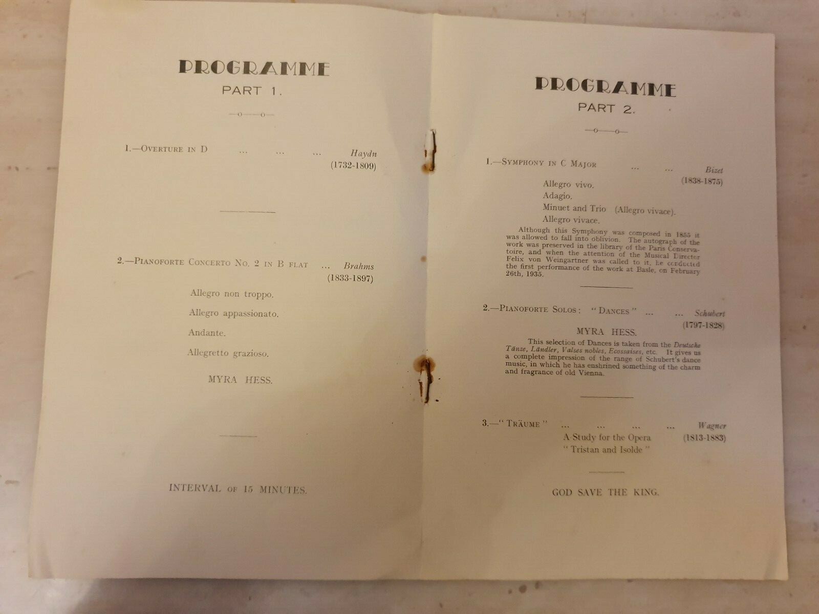 SHREWSBURY ORCHESTRAL SOCIETY PROGRAMME OF TWO CONCERTS ( M HESS/ F C MORRIS)
