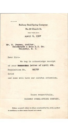 Railway Steel-Spring Co Letter Morristown & Erie Railroad 1927 NJ Railroadiana