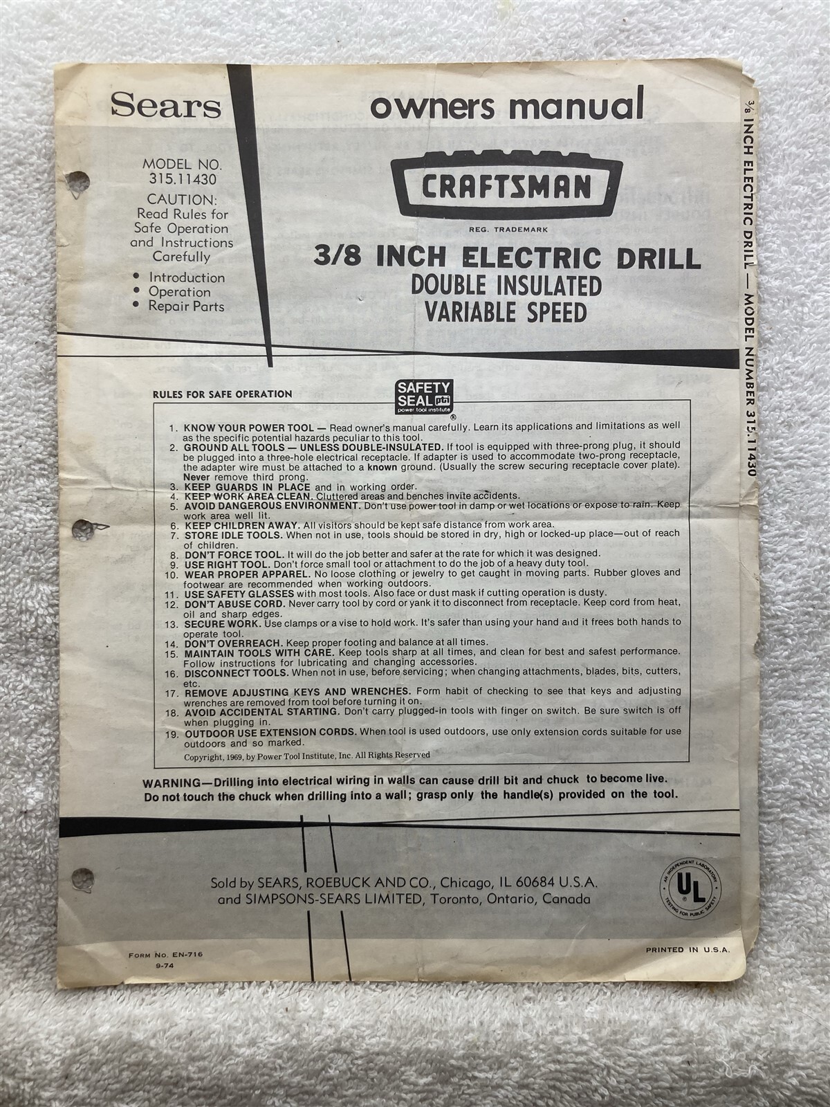 1974 Craftsman 3/8 Inch Electric Drill 315.11430 Owners Manual Guide Vtg