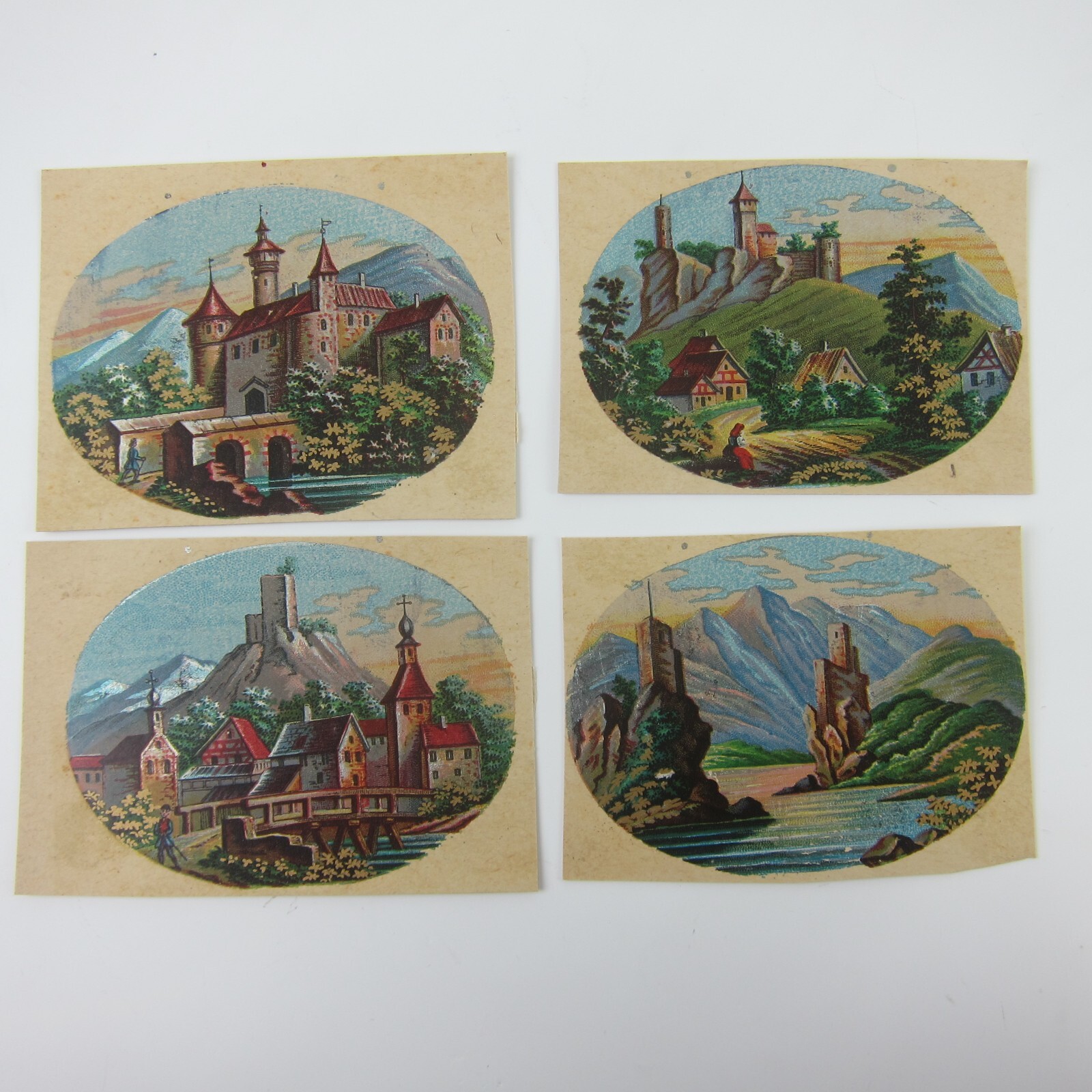 Antique Lithograph Print Samples Lot of 4 Castles Towns Villages Landscapes RARE