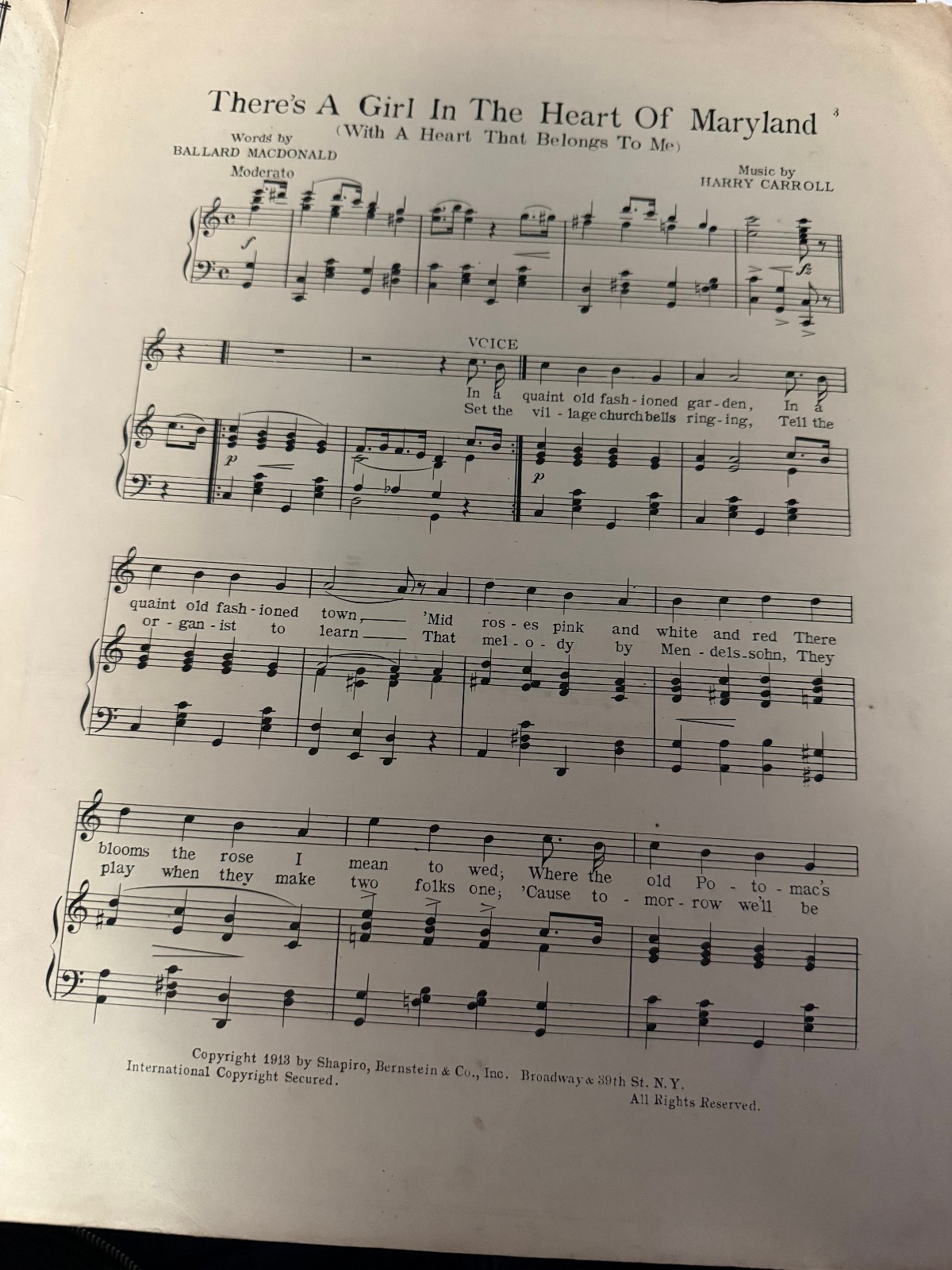 Vint. Sheet Music There’s A Girl In The Heart Of Maryland 1913 Shapiro/Bernstein